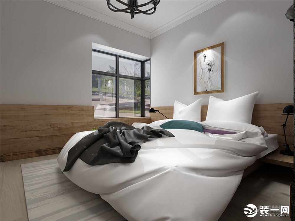 主卧室以白色原木色为主，铁艺装饰风格，次卧与主卧统一。