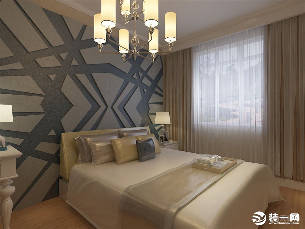 主卧室背景墙用石膏板造型，灰、黄、米等色彩元素搭配的床整体体现温馨的感觉，柔和的色调，不会显得混乱。