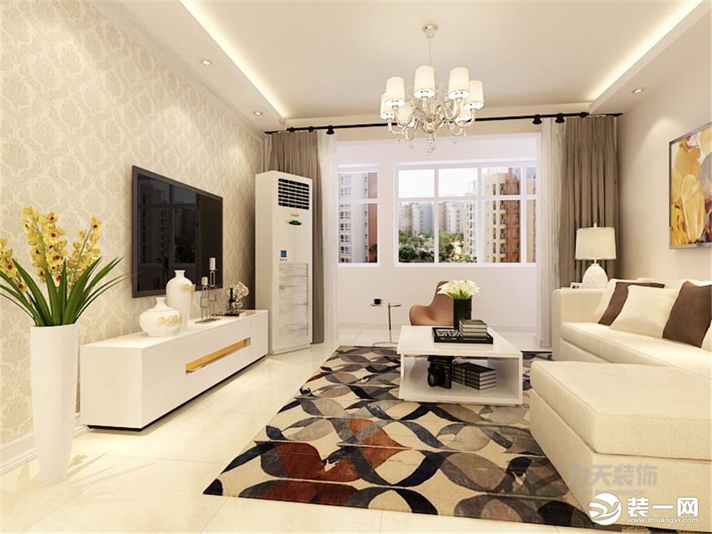开放式的客厅设计给人以通透之感，电视墙采用温和的灯光和柔美的花纹壁纸