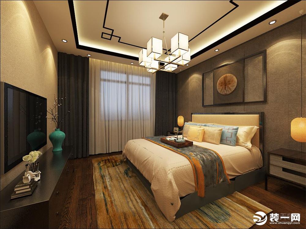 在卧室的设计中，家具大多用古典家具，颜色以深色为主，墙面用米黄色壁纸与木质的深色家具相协调。