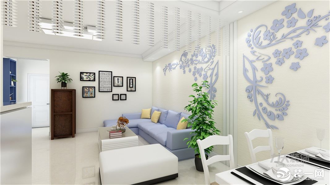 客餐厅以白色调为基础，灰蓝色的沙发与白色调相和谐，简易的挂画打破了空间的色调