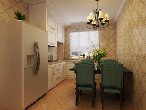厨房为开放式厨房，是美式中典型的设计，厨房墙面斜拼的墙砖与整体空间设计相结合
