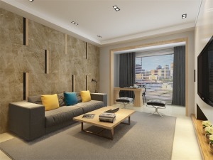 客厅作为待客区域，要明快光鲜，用米色地砖，使整体上有一种宽敞而富有历史气息。墙面顶面采用上下两种颜色