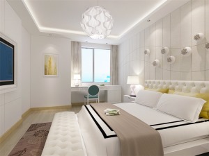 主卧室背景墙用石膏板造型，白、黄、米等色彩元素搭配的床整体体现温馨的感觉，柔和的色调，不会显得混乱。