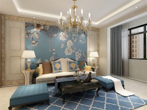 客厅作为待客区域，要明快光鲜，使整体上有一种宽敞而富有历史气息。墙面顶面采用上下两种颜色，这样使视觉