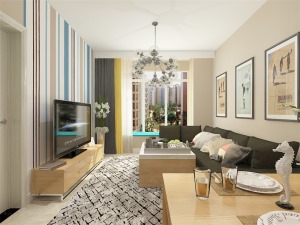 客廳墻面采用暖色調，電視背景墻用彩色豎條紋壁紙，地面選用米黃色800*800大地磚