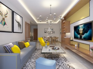 整体是浅色调的现代风格，多以米色为主，门、酒柜和电视柜采用浅棕色，沙发抱枕和椅子用了鲜亮的黄色点缀