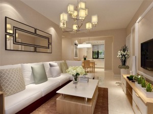 客厅铺800*800米地砖，既简单、大方，又不缺乏现代时尚感，沙发背景墙以几何镜子作为装饰