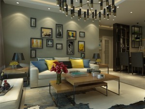 客厅作为待客区域，用暖黄色地砖电视墙实用美观，使整体上有一种宽敞而富有现代时尚气息