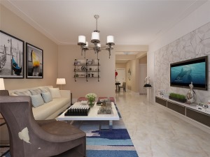 客厅作为待客区域，要明快光鲜，用白色石膏线石膏板电视墙实用美观，使整体上有一种宽敞而富有现代时尚气息