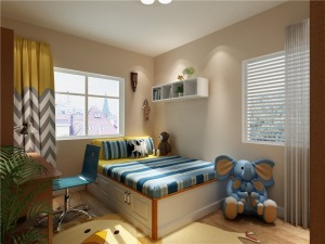 儿童房，以蓝色做代表色，墙面用装饰调整在屋内，采用黄色窗帘做搭配，适合对温馨生活喜欢的客户