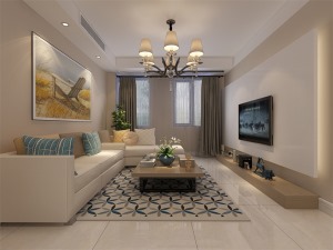 沙发背景墙以现代简约风格挂画作为装饰，整个空间显得现代感十足