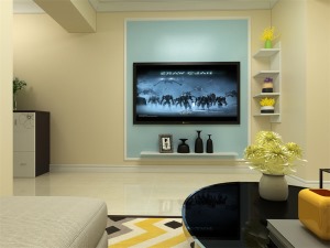 客厅作为待客区域，要明快光鲜，用白色石膏线蓝色石膏板电视墙实用美观