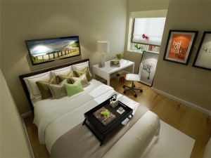 主卧室采用藕荷色、咖色、浅咖色、原木以等色彩元素搭配的床整体体现温馨的感觉