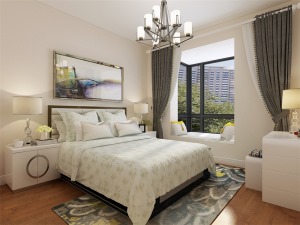 主卧室标配1.8*2米的床和一个梳妆台外加大衣柜，色彩以暖色为主