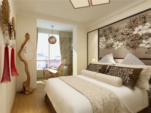 卧室背景墙用画做装饰，采用黄、白、灰等色彩搭配的床整体给人一种淡雅大方的感觉