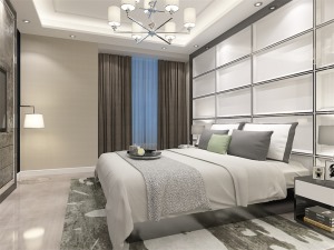 主卧室背景墙用画做装饰，白、黄、蓝等色彩元素搭配的床整体体现温馨的感觉，柔和的色调，不会显得混乱。