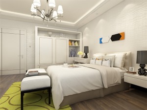 次卧采用浅色壁纸，与整体色调一致。现代家具的使用，简洁的造型，纯洁的地质，精细的工艺。