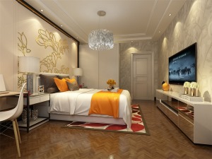 卧室整体以白色为主，搭配黄色的灯光以及现代软装的画幅等整体体现温馨的感觉