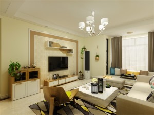 整体客厅墙面采用黄绿色，使整个空间看起来更有生机，电视墙采用简单的石膏线