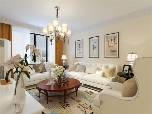  客廳作為待客區域，用米黃色大地磚使空間更加寬闊明亮不失穩重。