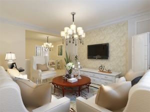  客廳作為待客區域，用米黃色大地磚使空間更加寬闊明亮不失穩重。
