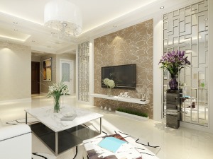 客厅作为待客区域，要稳重，用白色地砖，墙体黄色壁纸使整体上宽敞。