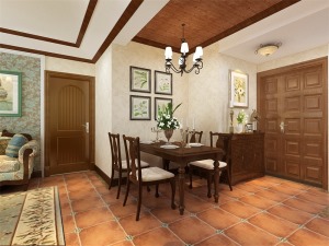 在客餐厅这个空间中，采用的地砖是仿古地砖，颜色较深，是英伦风格中常用的一种地砖形式