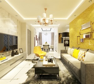 客厅主要色调为黄色和白色，以白色大理石电视背景墙通铺装饰，创造一个清新，健康的现代家庭环境，表现了一