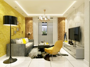 整体性的温和色感使得户型温馨典雅。 沙发背景墙采用黄色乳胶漆为主