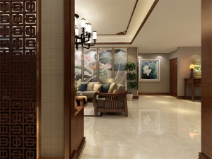 客廳作為待客區域，要穩重，用白色地磚，使整體上寬敞。墻面頂面采用上下兩種顏色