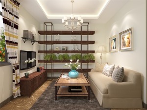 客廳采用雙人沙發溫暖舒適，一整面的置物架增加儲物空間又不沉悶增加空間層次感。