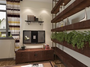 客廳采用雙人沙發溫暖舒適，一整面的置物架增加儲物空間又不沉悶增加空間層次感。