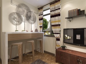 客厅采用双人沙发温暖舒适，一整面的置物架增加储物空间又不沉闷增加空间层次感。