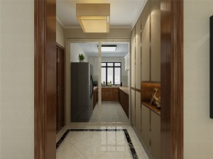 客廳作為待客區域，要穩重，用白色復古地磚，使整體上寬敞。墻面頂面采用上下兩種顏色