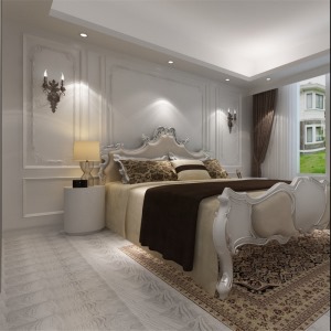 主卧室采用蓝、黄、米等色彩元素搭配的床整体体现温馨的感觉，柔和的色调