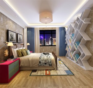 客厅使用现代个性吊灯，电视背景墙使用简洁的木质落地组合书柜，同时也增加了实用性