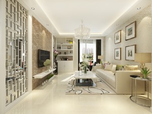 客廳作為待客區域，要穩重，用白色地磚，墻體黃色壁紙使整體上寬敞