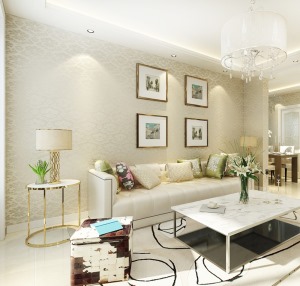客廳作為待客區域，要穩重，用白色地磚，墻體黃色壁紙使整體上寬敞