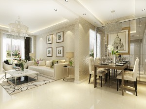 客廳作為待客區域，要穩重，用白色地磚，墻體黃色壁紙使整體上寬敞