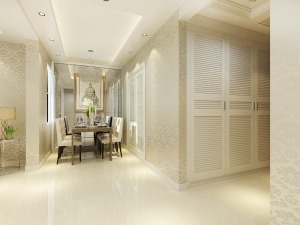 客廳作為待客區域，要穩重，用白色地磚，墻體黃色壁紙使整體上寬敞