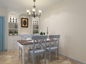 整個客餐廳選用地中海風格家具，潔凈大方，其中安排了一些地中海特有元素