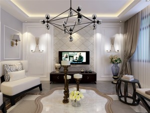 客厅采用回字形吊顶，富有现代气息的电视和沙发背景墙，中间搭配欧式风格的吊灯，沙发和茶几采用真皮和实木