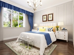 主卧室空间大，床头背景墙颜色淡雅、造型简洁，使整个空间环境更加放松舒适。电视背景墙材质反射性虽然不强