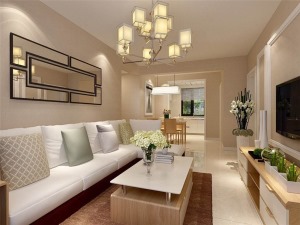客厅铺800*800米地砖，既简单、大方，又不缺乏现代时尚感，沙发背景墙以几何镜子作为装饰，整个空间