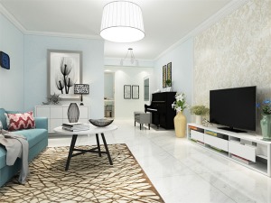  客厅作为待客区域，要明快光鲜，用白色石膏线内贴壁纸电视墙实用美观，使整体上有一种宽敞而富有现代时尚