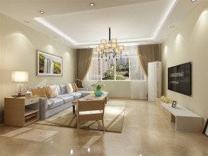 客厅作为待客区域，要稳重，用暖色地砖，使整体上宽敞。墙面顶面采用上下两种颜色，这样使视觉上具有层次感