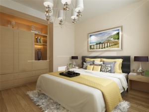  主卧室采用原木色、黄、米以及绿植等色彩元素搭配的床整体体现温馨的感觉，柔和的色调，不会显得混乱。次