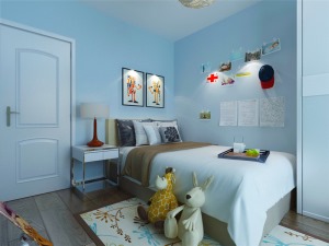 客餐厅及卧室地面都采用木地板铺贴。墙面顶面采用上下两种颜色，这样使视觉上具有层次感，色彩也更加丰富。