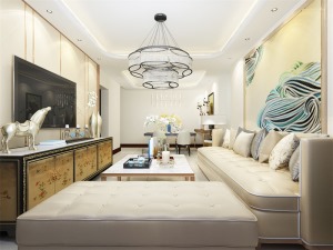 客厅的设计比较简单，沙发背景墙放啦几幅幅装饰画，使空间更为大气